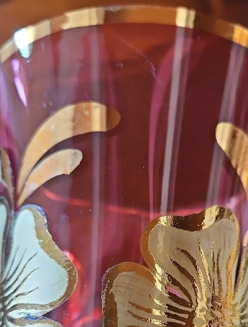 Gorgeous Bohemian Cranberry Glass Vase Gold Floral Hand Painted Czech Art Glass